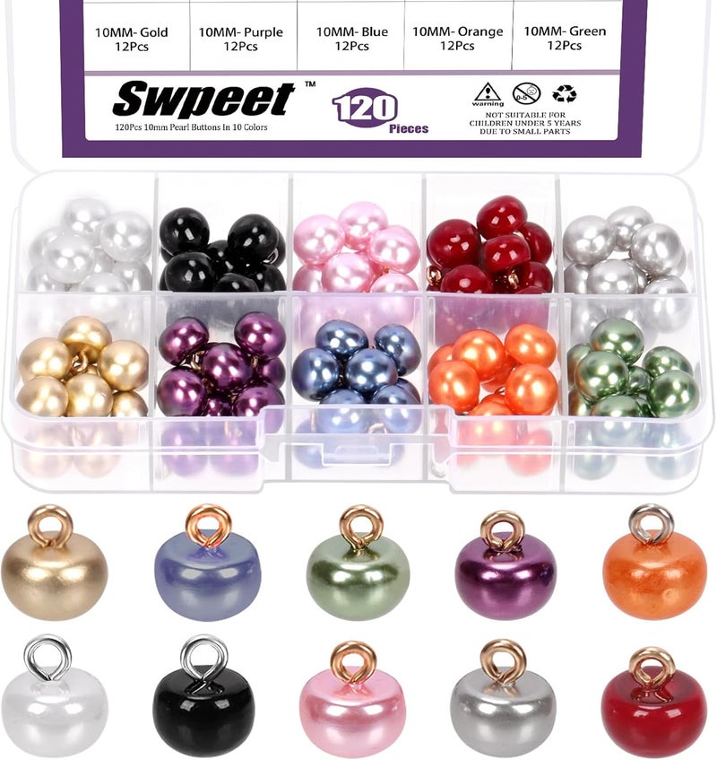 Swpeet 120Pcs 10mm 10 Color Half Pearl Buttons Assortment Kit, Decorative Faux Pearl Buttons with Shank, Sewing Buttons Bead Half Ball Domed Pearl Buttons for Clothes Wedding Dresses DIY Crafts - Image 1